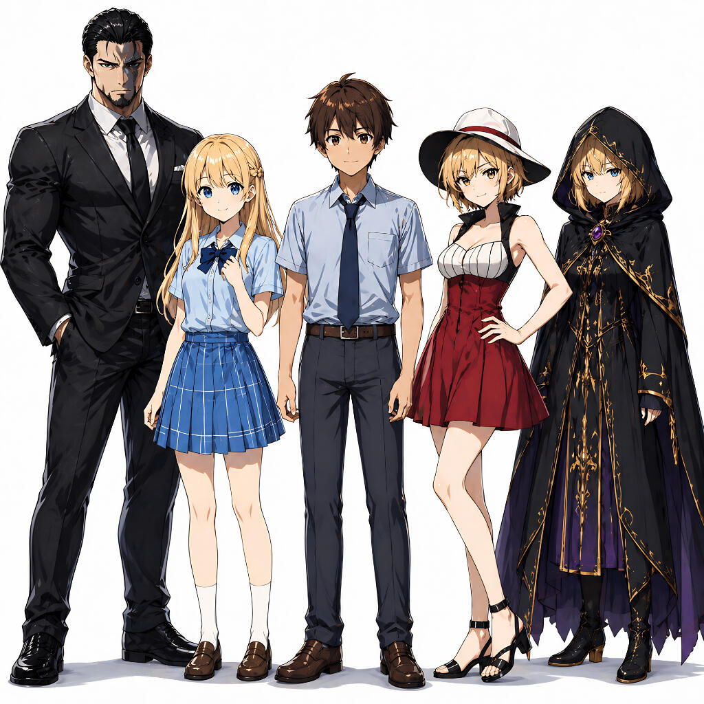 The main characters of Wandering Note Fantasy standing together: Dan, Rena, Tom, Luna, and Shadow Luna.